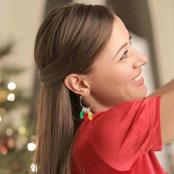 Christmas Light Earrings Red Green Gold on Silver Tone Hoop - Picture 5 of 9